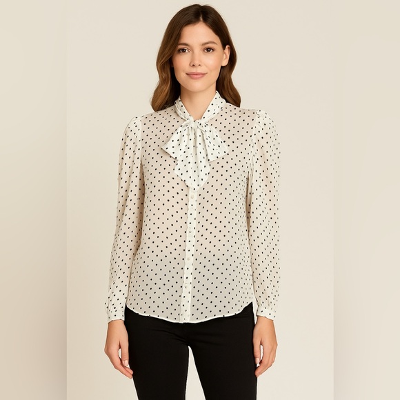 Fate Polka Dot Sheer Bow Blouse White Black Medium Long Sleeve - Picture 1 of 9